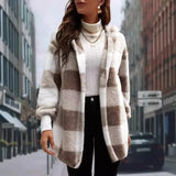 FOESCE New Fashionable Hooded Color-blocked Plaid Loose Ribbed Plush Elegant Jacket