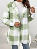 FOESCE New Fashionable Hooded Color-blocked Plaid Loose Ribbed Plush Elegant Jacket