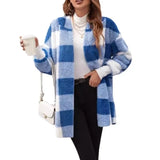 FOESCE New Fashionable Hooded Color-blocked Plaid Loose Ribbed Plush Elegant Jacket