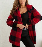 FOESCE New Fashionable Hooded Color-blocked Plaid Loose Ribbed Plush Elegant Jacket