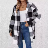 FOESCE New Fashionable Hooded Color-blocked Plaid Loose Ribbed Plush Elegant Jacket