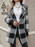 FOESCE New Fashionable Hooded Color-blocked Plaid Loose Ribbed Plush Elegant Jacket