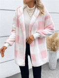 FOESCE New Fashionable Hooded Color-blocked Plaid Loose Ribbed Plush Elegant Jacket