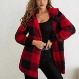 FOESCE New Fashionable Hooded Color-blocked Plaid Loose Ribbed Plush Elegant Jacket