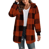 FOESCE New Fashionable Hooded Color-blocked Plaid Loose Ribbed Plush Elegant Jacket