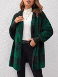 FOESCE New Fashionable Hooded Color-blocked Plaid Loose Ribbed Plush Elegant Jacket