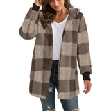 FOESCE New Fashionable Hooded Color-blocked Plaid Loose Ribbed Plush Elegant Jacket