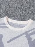 FOESCE New Popular Spring Autumn Graffiti Jacquard Pattern Pullover Sweater Casual Round Neck Contrast Color Knitted Men's Pullover