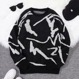 FOESCE New Popular Spring Autumn Graffiti Jacquard Pattern Pullover Sweater Casual Round Neck Contrast Color Knitted Men's Pullover