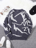 FOESCE New Popular Spring Autumn Graffiti Jacquard Pattern Pullover Sweater Casual Round Neck Contrast Color Knitted Men's Pullover