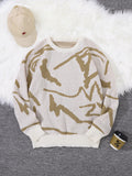 FOESCE New Popular Spring Autumn Graffiti Jacquard Pattern Pullover Sweater Casual Round Neck Contrast Color Knitted Men's Pullover