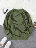 FOESCE New Popular Spring Autumn Graffiti Jacquard Pattern Pullover Sweater Casual Round Neck Contrast Color Knitted Men's Pullover