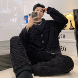 FOESCE Newest Men's Winter Thicken Warm Flannel Pajamas Sets Male Long Sleeve Plus Size Pajamas Sleepwear Homewear Casual