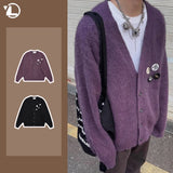 FOESCE Purple Harajuku V-neck Mens Cardigan Japanese Casual Fashion Loose Sweater 2025 Autumn Y2k Street Knitted Coats with Badge