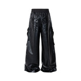 FOESCE RO Style Glossy Black Pu Leather Pants for Men High Street Y2k Pantalones Hombre Baggy Overall Wide Leg Drawstring Cargos