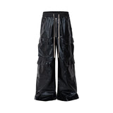 FOESCE RO Style Glossy Black Pu Leather Pants for Men High Street Y2k Pantalones Hombre Baggy Overall Wide Leg Drawstring Cargos