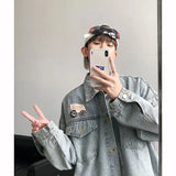 FOESCE Retro Badge Denim Jacket Men's New Handsome Top Trendy Brand Loose Lapel