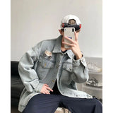 FOESCE Retro Badge Denim Jacket Men's New Handsome Top Trendy Brand Loose Lapel