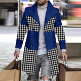 FOESCE Retro Houndstooth Print Splicing Woolen Coat Men Casual Turn-down Collar Button Jacket Autumn Winter Pocket Long Windbreaker Man