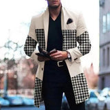 FOESCE Retro Houndstooth Print Splicing Woolen Coat Men Casual Turn-down Collar Button Jacket Autumn Winter Pocket Long Windbreaker Man