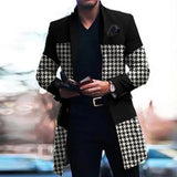 FOESCE Retro Houndstooth Print Splicing Woolen Coat Men Casual Turn-down Collar Button Jacket Autumn Winter Pocket Long Windbreaker Man