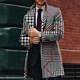 FOESCE Retro Houndstooth Print Splicing Woolen Coat Men Casual Turn-down Collar Button Jacket Autumn Winter Pocket Long Windbreaker Man