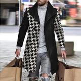 FOESCE Retro Houndstooth Print Splicing Woolen Coat Men Casual Turn-down Collar Button Jacket Autumn Winter Pocket Long Windbreaker Man