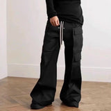 FOESCE Ro Style Wide Leg Drawstring Black Cargo Pants Unisex Straight Baggy Casual Overalls Men's Streetwear Loose Oversized Trousers