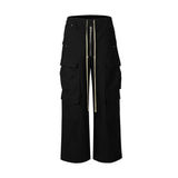 FOESCE Ro Style Wide Leg Drawstring Black Cargo Pants Unisex Straight Baggy Casual Overalls Men's Streetwear Loose Oversized Trousers