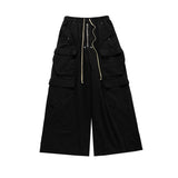 FOESCE Ro Style Wide Leg Drawstring Black Cargo Pants Unisex Straight Baggy Casual Overalls Men's Streetwear Loose Oversized Trousers