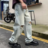 Flash diamond Ripped Baggy Men's Jeans Vintage Crystal Blue Full Denim Pants Straight Leg Trousers For Male