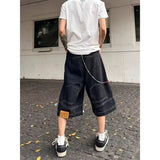 Gothic streetwear men hip-hop retro waistband inverted design denim shorts Instagram loose straight leg couple sports pants