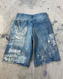 Y2k American Street Retro Graffiti Anime Print Oversized Denim Shorts Men Shorts High Waist Fashion Loose Casual Wide Leg Pants