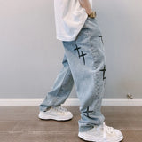 Prints Jeans Men New Streetwear Baggy Wide Leg Jeans Korean Fashion Drapes Straight Casual Loose Denim Cargo Pants