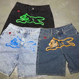 Summer original color washed flying dog print denim shorts beach trend loose fashion couple quarter pants straight casual pants