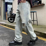 Flash diamond Ripped Baggy Men's Jeans Vintage Crystal Blue Full Denim Pants Straight Leg Trousers For Male