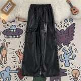 Harajuku Men's PU Leather Pants Winter Loose Wide Leg Trousers Korean Fashion Multi Pocket Overalls 2024 Cargo Leather Pants Men