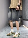 2024 New Summer Denim Shorts Men Korean Fashion Washed Cotton Baggy Short Jeans Pants Drawstring Loose Straight Casual Shorts