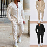 2024 Casual Long Sleeve Shirt and Pants Set Men Solid Color Cotton Linen Tops Trousers 2 Piece Suits Tracksuit Men's Clothing