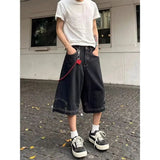 Hip Hop Retro Waist Inverted Design Men Denim Shorts Instagram Gothic Street Apparel Loose Straight Leg Pants Sports Pants