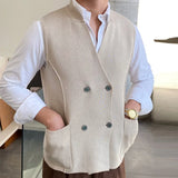 2024 Men's Sleeveless V-neck Knitted Sweater Business Autumn Winter Solid Color Single Breasted Vest Jackets Male Slim Waistcoat