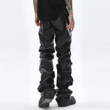 Mens Leather Pant Dark Punk Niche Design Bright Pleated Leather Pants Mens Hip-hop Loose Casual Pants for Men