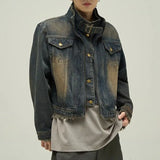 Short Japanese Distressed Denim Jacket Men Women Retro Fake Two-piece Double Necked Jackets High Street Wide Shoulder Jean Coats