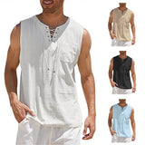 Men Summer Linen Tank Top Sleeveless T-Shirt Lace-up Design Solid Color Shirt Loose Fit Vest Daily Cotton Linen Vest Clothing