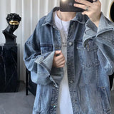 Men's Denim Jacket Retro Hip Hop Denim Jackets Coat Multi Pockets Loose Jean Outwear Men Solid Casual Streetwear Denim Coats Man