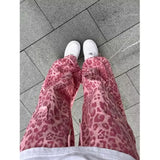 Pink Leopard Print Men's Slip-on Cargo Pants Loose Fit Wide Leg Casual Pants For Summer Trendy Brand Hip Hop Dance Trousers