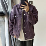 Men's Vintage Washed Purple Denim Jacket Streetwear Fashion Cargos Fake Pockets Button-down Shirt Coats Retro Popular M-3XL