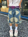 Embroidered tassel high street denim men's street hip-hop trendy brand ripped pants European and American fashion retro shorts