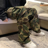 Straight Men Wide Leg Pants Camouflage Jogging Trousers Drawstring Elastic Waist Wide Male Casual Pants Vintage Cargo Pants