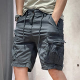 Half Men's Cargo Shorts Solid With Draw String Khaki Male Bermuda Short Pants Summer Korean Style Baggy Elastic Waist Homme Y2k